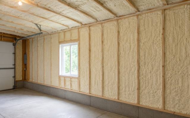 Garage insulated in spray foam across the walls and up to the ceiling